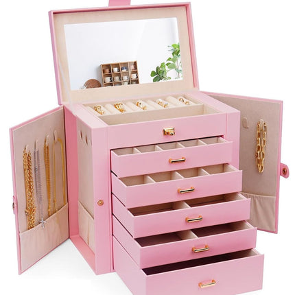 CARLA HOME 6-Layer Large Jewelry Box for Women with Drawers, Mirror, Lock, Necklace Hooks & Side Compartments for Rings, Earrings, Bracelets, Gifts (Pink)-1992735290736906240