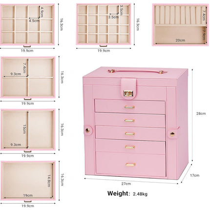 CARLA HOME 6-Layer Large Jewelry Box for Women with Drawers, Mirror, Lock, Necklace Hooks & Side Compartments for Rings, Earrings, Bracelets, Gifts (Pink)-1992735290736906242