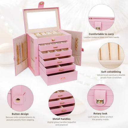 CARLA HOME 6-Layer Large Jewelry Box for Women with Drawers, Mirror, Lock, Necklace Hooks & Side Compartments for Rings, Earrings, Bracelets, Gifts (Pink)-1992735290736906244