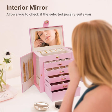 CARLA HOME 6-Layer Large Jewelry Box for Women with Drawers, Mirror, Lock, Necklace Hooks & Side Compartments for Rings, Earrings, Bracelets, Gifts (Pink)-1992735290736906246