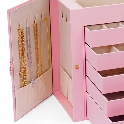 CARLA HOME 6-Layer Large Jewelry Box for Women with Drawers, Mirror, Lock, Necklace Hooks & Side Compartments for Rings, Earrings, Bracelets, Gifts (Pink)-1992735290736906247