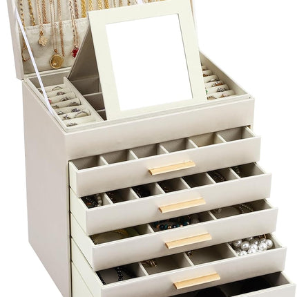 CARLA HOME  6-Layer Large Jewelry Organizer Box for Women with Mirror, Drawers, Hooks & Dividers for Rings, Necklaces, Bracelets, Ideal Gift for Women (White)-1992735299033239552