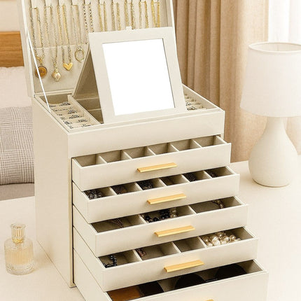CARLA HOME  6-Layer Large Jewelry Organizer Box for Women with Mirror, Drawers, Hooks & Dividers for Rings, Necklaces, Bracelets, Ideal Gift for Women (White)-1992735299033239553