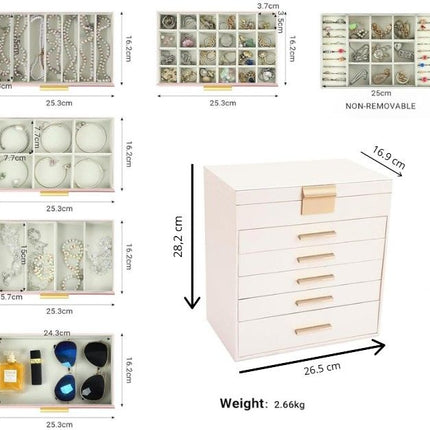 CARLA HOME  6-Layer Large Jewelry Organizer Box for Women with Mirror, Drawers, Hooks & Dividers for Rings, Necklaces, Bracelets, Ideal Gift for Women (White)-1992735299033239554