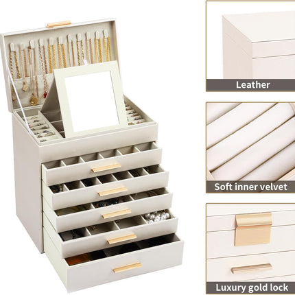 CARLA HOME  6-Layer Large Jewelry Organizer Box for Women with Mirror, Drawers, Hooks & Dividers for Rings, Necklaces, Bracelets, Ideal Gift for Women (White)-1992735299033239555