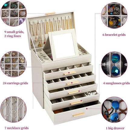 CARLA HOME  6-Layer Large Jewelry Organizer Box for Women with Mirror, Drawers, Hooks & Dividers for Rings, Necklaces, Bracelets, Ideal Gift for Women (White)-1992735299033239557