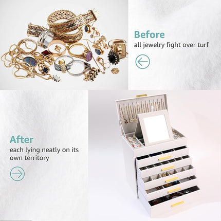 CARLA HOME  6-Layer Large Jewelry Organizer Box for Women with Mirror, Drawers, Hooks & Dividers for Rings, Necklaces, Bracelets, Ideal Gift for Women (White)-1992735299033239558
