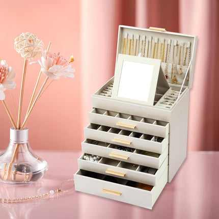 CARLA HOME  6-Layer Large Jewelry Organizer Box for Women with Mirror, Drawers, Hooks & Dividers for Rings, Necklaces, Bracelets, Ideal Gift for Women (White)-1992735299033239559