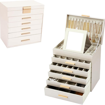 CARLA HOME  6-Layer Large Jewelry Organizer Box for Women with Mirror, Drawers, Hooks & Dividers for Rings, Necklaces, Bracelets, Ideal Gift for Women (White)-1992735299033239560