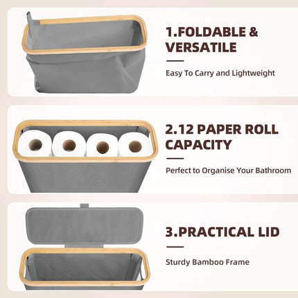 CARLA HOME 2 pack Toilet Paper Storage Basket Holds Up to 12 Rolls with Bamboo Lid and Handle for RV Closet (Grey)-1978962264329424900