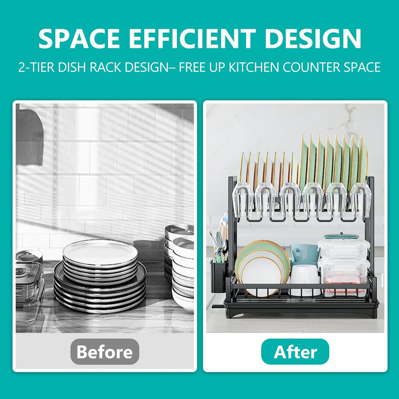 CARLA HOME Dish Drying Rack 2-Tier Kitchen Drainer with Drainboard-1992735286932672518