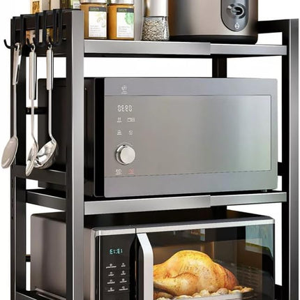 CARLA HOME 3-Tier Microwave Oven Rack with Adjustable Metal Kitchen Shelf Stand for Countertop Storage and 6 Hooks for Utensils-1992735286408384512
