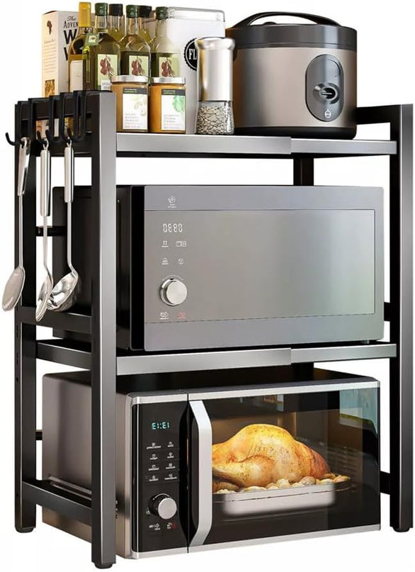 CARLA HOME 3-Tier Microwave Oven Rack with Adjustable Metal Kitchen Shelf Stand for Countertop Storage and 6 Hooks for Utensils-1992735286408384512
