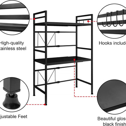 CARLA HOME 3-Tier Microwave Oven Rack with Adjustable Metal Kitchen Shelf Stand for Countertop Storage and 6 Hooks for Utensils-1992735286408384515