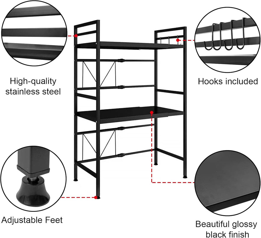 CARLA HOME 3-Tier Microwave Oven Rack with Adjustable Metal Kitchen Shelf Stand for Countertop Storage and 6 Hooks for Utensils-1992735286408384515
