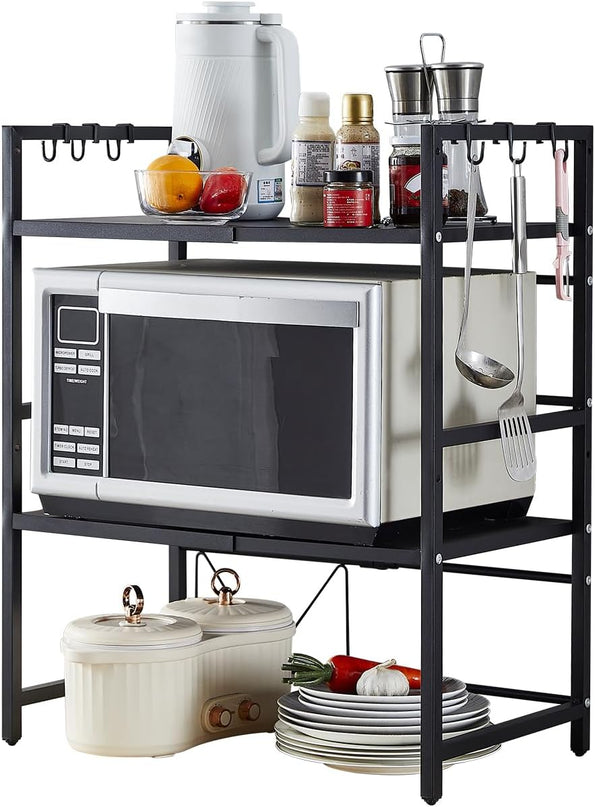 CARLA HOME 3-Tier Microwave Oven Rack with Adjustable Metal Kitchen Shelf Stand for Countertop Storage and 6 Hooks for Utensils-1992735286408384519