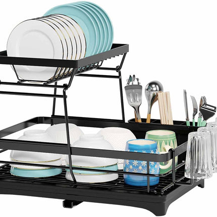 CARLA HOME 2-Tier Dish Drying Rack for Kitchen Counter with Drainboard, Utensil Holder, Cup Rack & Cutlery Organizer-1992735293530312704