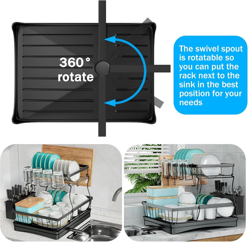 CARLA HOME 2-Tier Dish Drying Rack for Kitchen Counter with Drainboard, Utensil Holder, Cup Rack & Cutlery Organizer-1992735293530312705