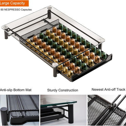 CARLA HOME 60 Coffee Pod Holder Drawer with Tempered Glass Capsule Organizer for Nespresso Pods and Sliding Drawer for Kitchen Countertop-1992735289507975171