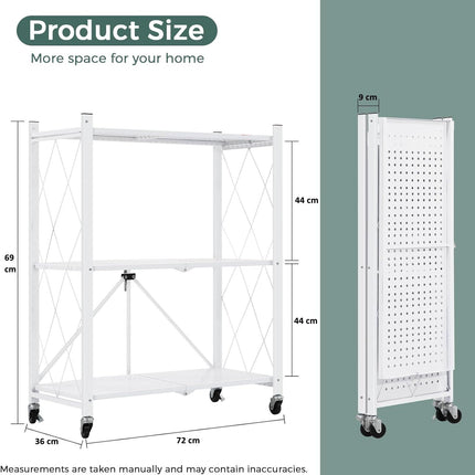 CARLA HOME 3-Tier Foldable Storage Shelf with Wheels for Kitchen, Garage, Pantry or Basement (White)-1978962265868734466