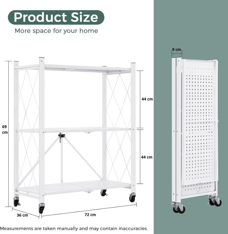 CARLA HOME 3-Tier Foldable Storage Shelf with Wheels for Kitchen, Garage, Pantry or Basement (White)-1978962265868734466