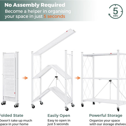 CARLA HOME 3-Tier Foldable Storage Shelf with Wheels for Kitchen, Garage, Pantry or Basement (White)-1978962265868734467