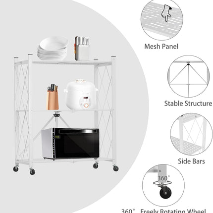 CARLA HOME 3-Tier Foldable Storage Shelf with Wheels for Kitchen, Garage, Pantry or Basement (White)-1978962265868734469