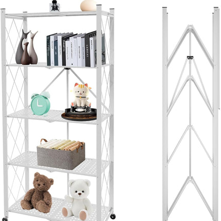 CARLA HOME 5-Tier Foldable Storage Shelf with Wheels for Kitchen, Garage, Pantry or Basement (White)-1978962266204278793