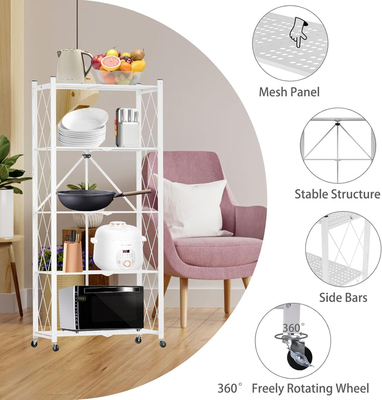 CARLA HOME 5-Tier Foldable Storage Shelf with Wheels for Kitchen, Garage, Pantry or Basement (White)-1978962266204278789