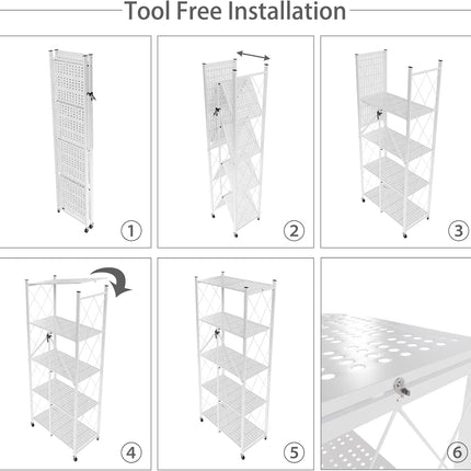 CARLA HOME 5-Tier Foldable Storage Shelf with Wheels for Kitchen, Garage, Pantry or Basement (White)-1978962266204278791