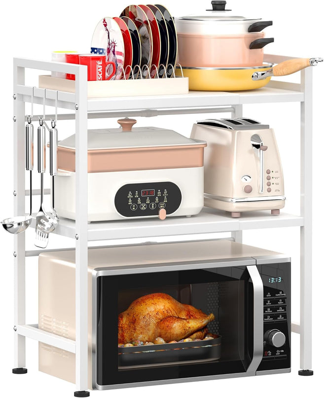 CARLA HOME 3-Tier Microwave Oven Rack with Adjustable Metal Kitchen Shelf Stand for Countertop Storage and 6 Hooks for Utensils-2034461361894985728