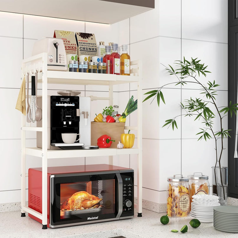 CARLA HOME 3-Tier Microwave Oven Rack with Adjustable Metal Kitchen Shelf Stand for Countertop Storage and 6 Hooks for Utensils-2034461361894985729