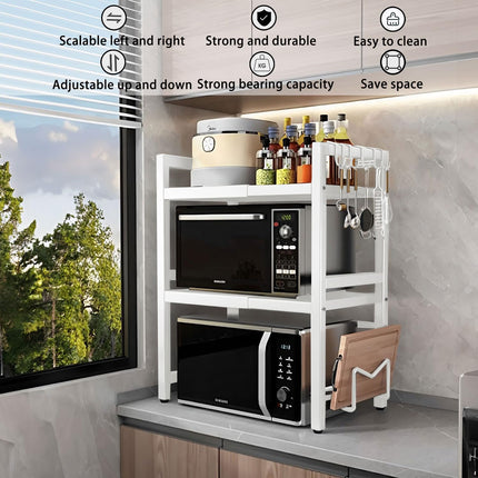 CARLA HOME 3-Tier Microwave Oven Rack with Adjustable Metal Kitchen Shelf Stand for Countertop Storage and 6 Hooks for Utensils-2034461361894985731