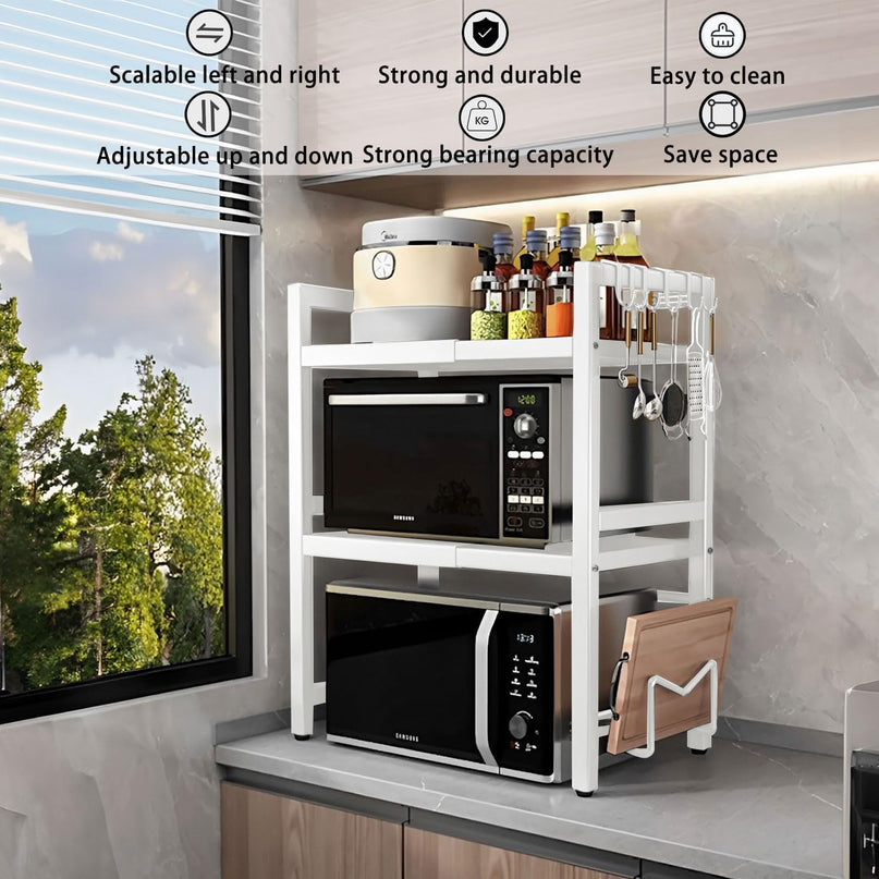 CARLA HOME 3-Tier Microwave Oven Rack with Adjustable Metal Kitchen Shelf Stand for Countertop Storage and 6 Hooks for Utensils-2034461361894985731