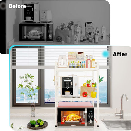 CARLA HOME 3-Tier Microwave Oven Rack with Adjustable Metal Kitchen Shelf Stand for Countertop Storage and 6 Hooks for Utensils-2034461361894985733