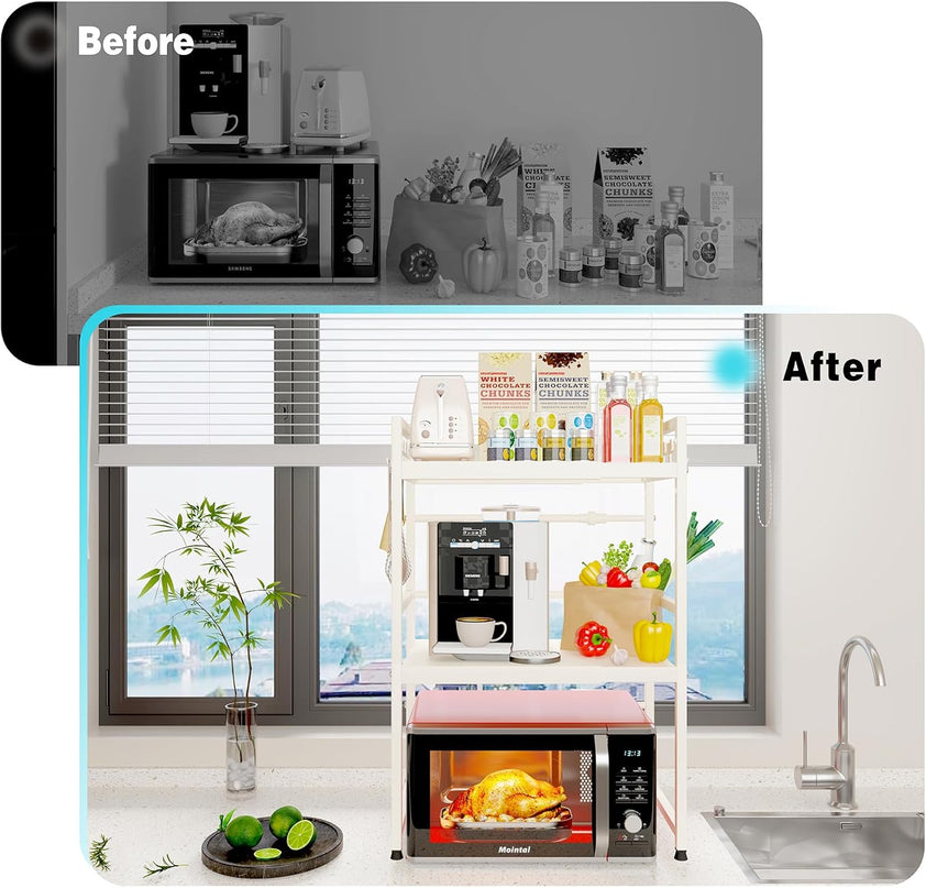 CARLA HOME 3-Tier Microwave Oven Rack with Adjustable Metal Kitchen Shelf Stand for Countertop Storage and 6 Hooks for Utensils-2034461361894985733