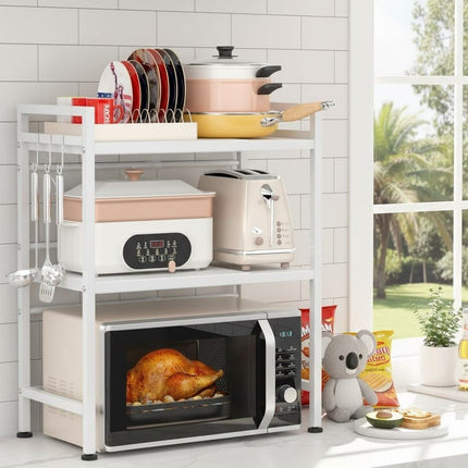 CARLA HOME 3-Tier Microwave Oven Rack with Adjustable Metal Kitchen Shelf Stand for Countertop Storage and 6 Hooks for Utensils-2034461361894985736