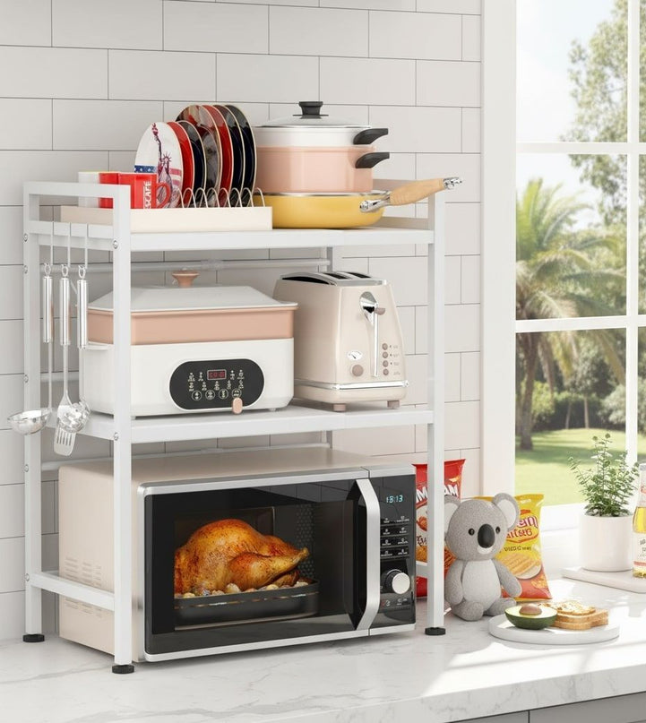 CARLA HOME 3-Tier Microwave Oven Rack with Adjustable Metal Kitchen Shelf Stand for Countertop Storage and 6 Hooks for Utensils-2034461361894985736