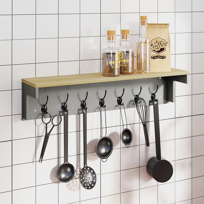 Levede Coat Rack Wall Mounted Shelf 7 Double Hooks Storage Entryway Hallway Grey-2029334093929517062