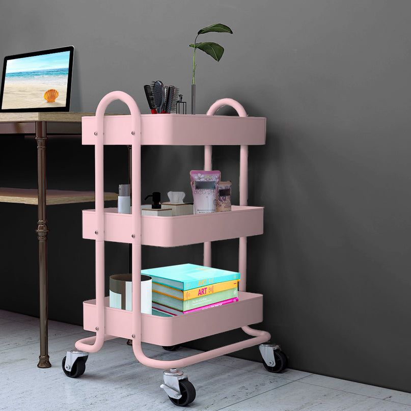 Levede 3 Tiers Kitchen Trolley Cart Pink-2018816727663644680