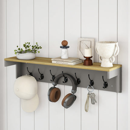 Levede Coat Rack Wall Mounted Shelf 7 Double Hooks Storage Entryway Hallway Grey-2029334093929517063