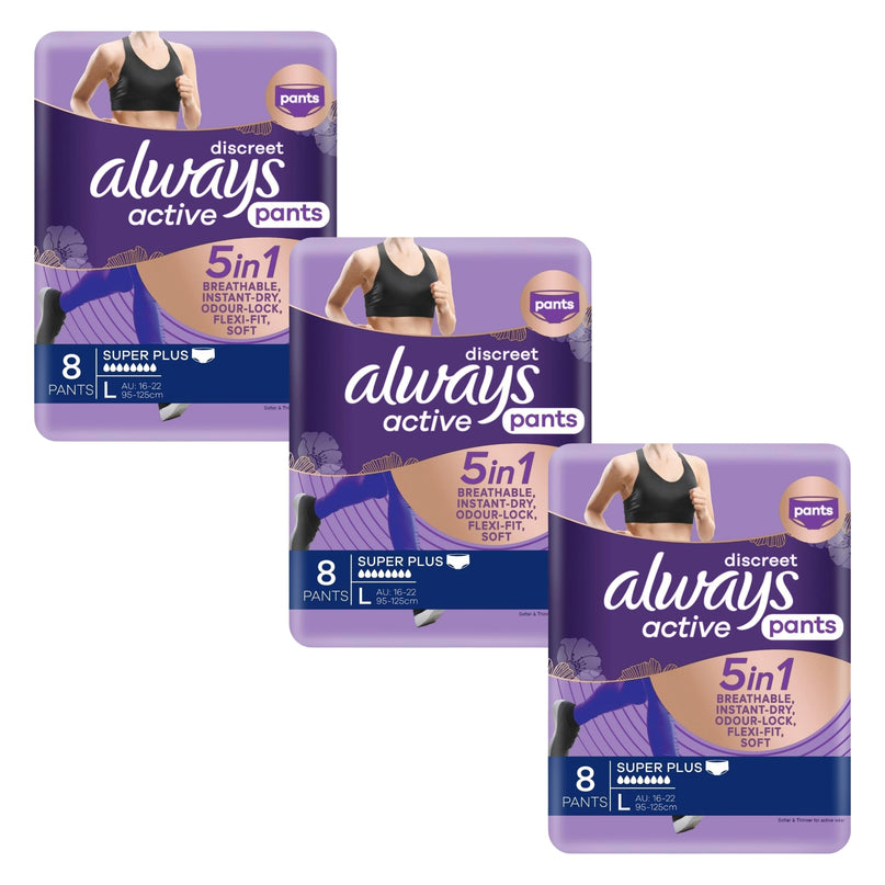 Always Discreet 5 in 1 Pants Large 16-22 95-125cm 8 Pack x3-2029334103446392832