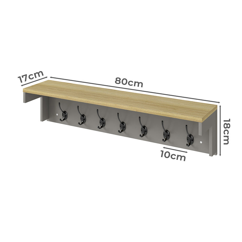 Levede Coat Rack Wall Mounted Shelf 7 Double Hooks Storage Entryway Hallway Grey-2029334093929517058