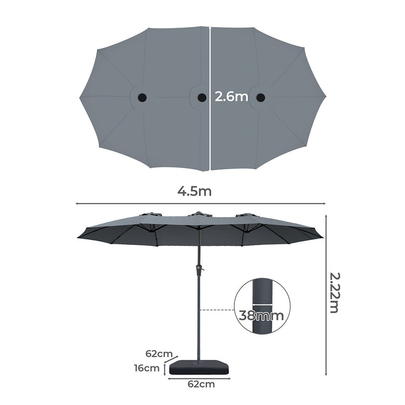 Centra 4.5M Double-sided Patio Umbrella Outdoor Umbrella Base Stand Grey-2018816843556458498